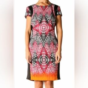 Maggy London Colorful Pink Abstract Sheath Dress with Black Side Stripes Size 12